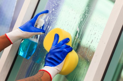 Staff member using protective gear during a deep cleaning task