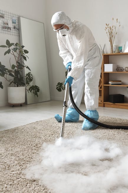 A professional in full protective cleaning gear, including a white suit, mask, gloves, and boots, is performing surface cleaning with a steam or vapor cleaning machine on a beige carpet in a modern living room. The room features a light-colored wooden floor, a glass-topped side table, potted plants, and a wooden shelving unit with decorative items. Bright natural light illuminates the space, highlighting the cleanliness and freshness of the carpet, while the deep cleaning process emphasizes hygiene and maintenance. This image reflects the expertise of Deep Cleaning Knightsbridge in domestic carpet cleaning and sanitisation services.